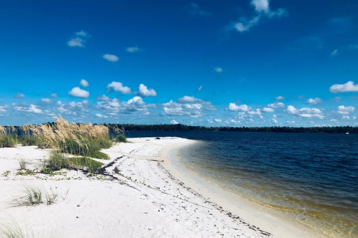 a sandy beach next to a body of water